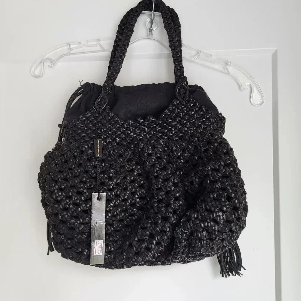 NWT $297 Martina Caponi Braided 2Way Hand Bag/Leather W Linen Black NEW … - Picture 11 of 13